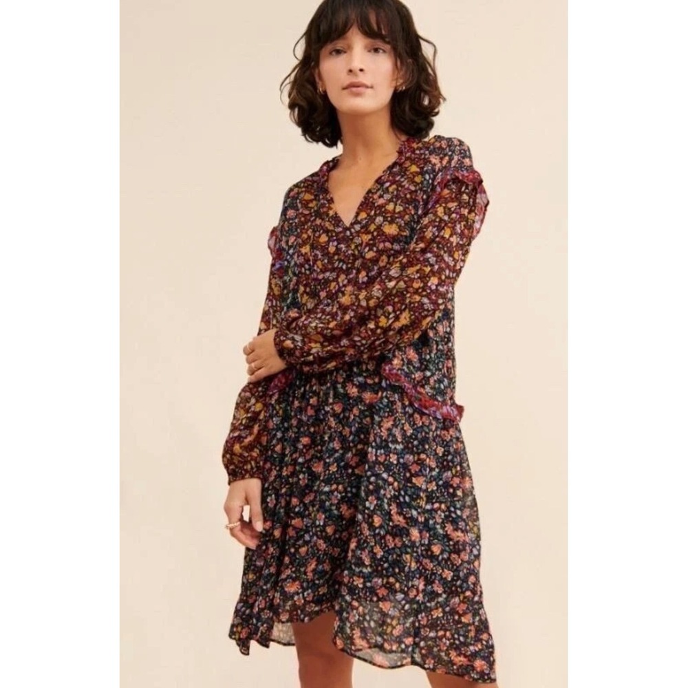 Anthropologie Helene Floral Mini Dress Black Multi Long Sleeve Boho V-Neck M